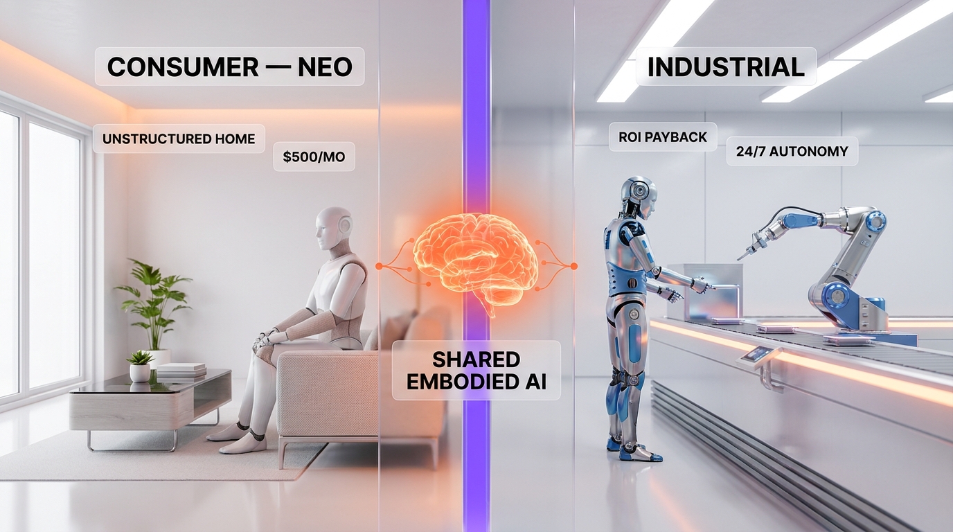 Consumer humanoid versus industrial humanoid — NEO home robot vs factory humanoid, two different races
