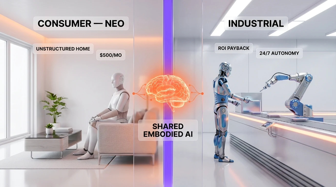 Consumer humanoid versus industrial humanoid — NEO home robot vs factory humanoid, two different races