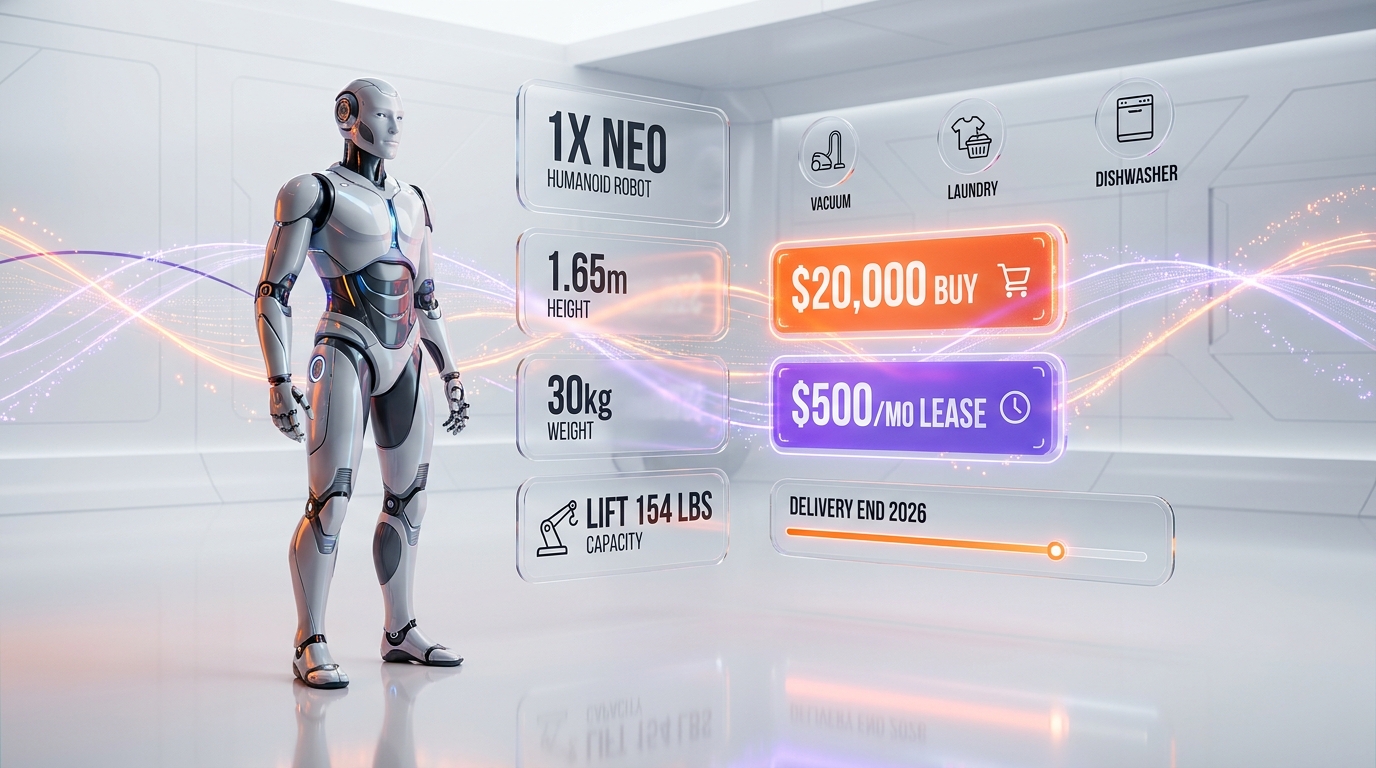 1X NEO specs and pricing — 1.65m, 30kg, $20,000 buy, $500 per month lease, US delivery end 2026