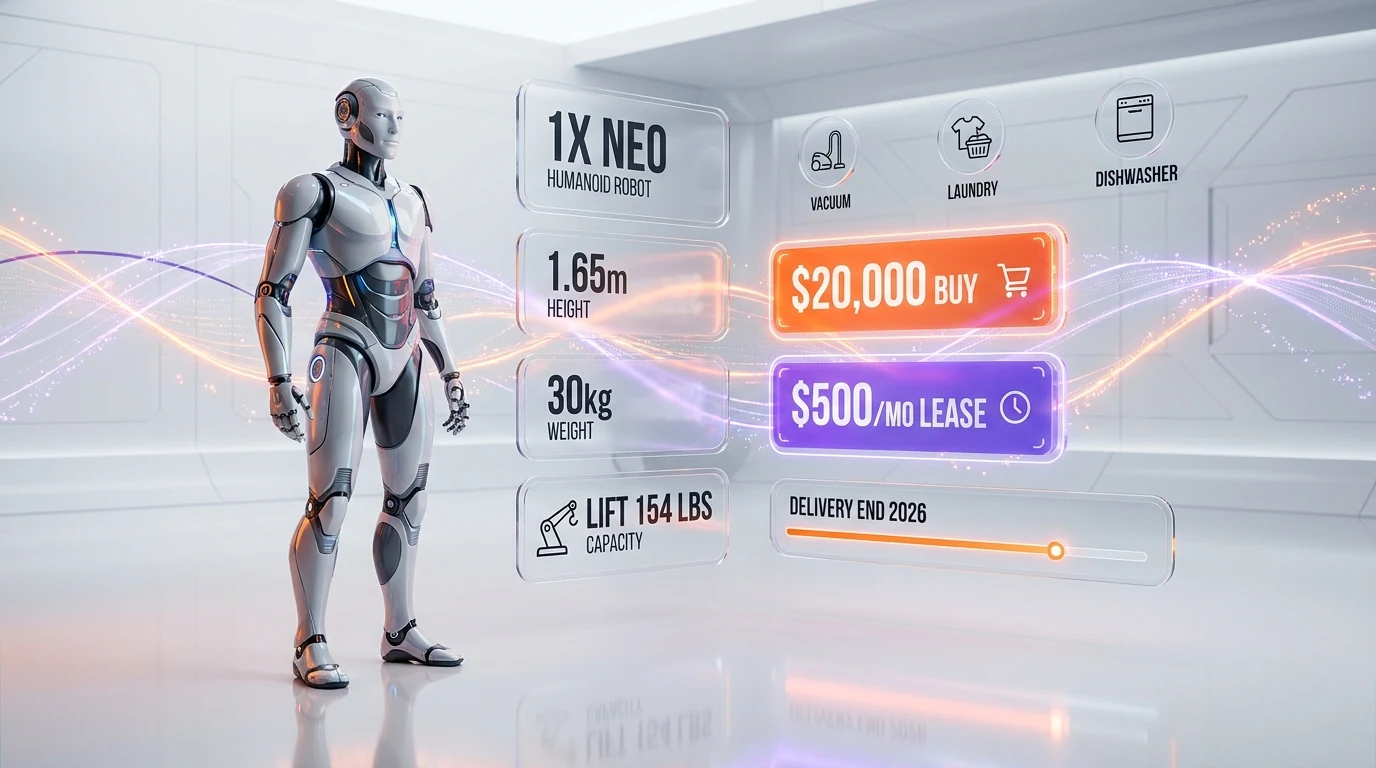 1X NEO specs and pricing — 1.65m, 30kg, $20,000 buy, $500 per month lease, US delivery end 2026