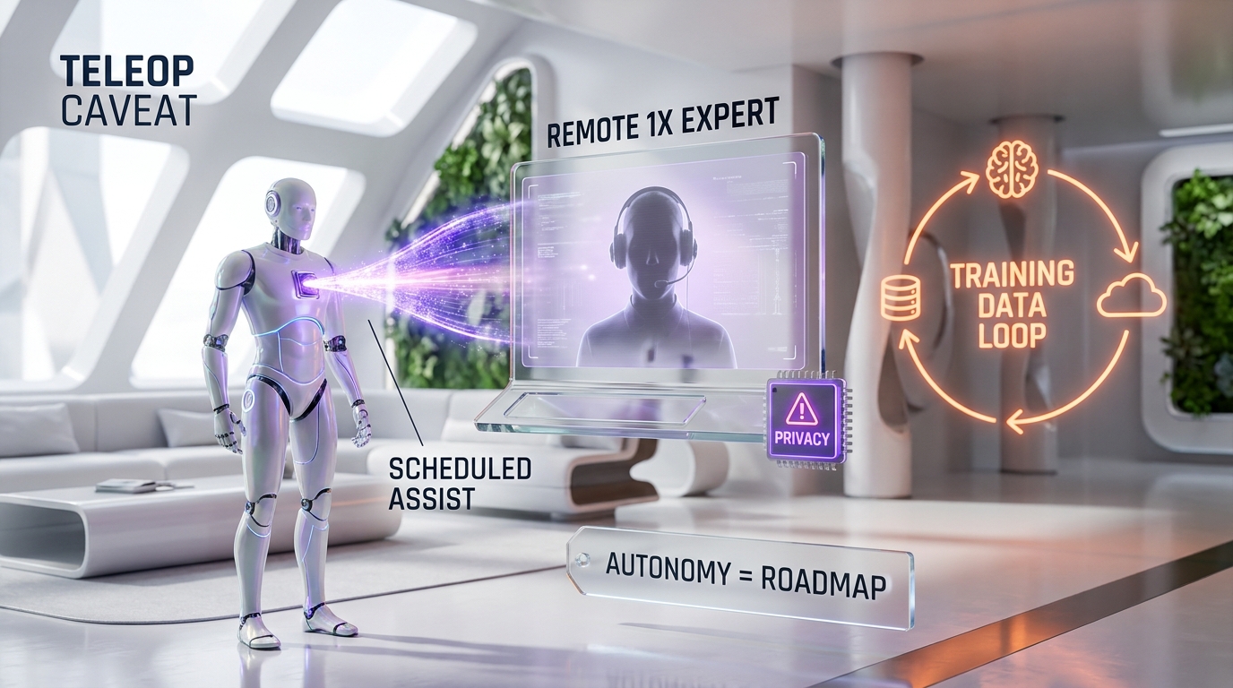 1X NEO teleoperation caveat — scheduled remote human assistance versus autonomous tasks, training data loop