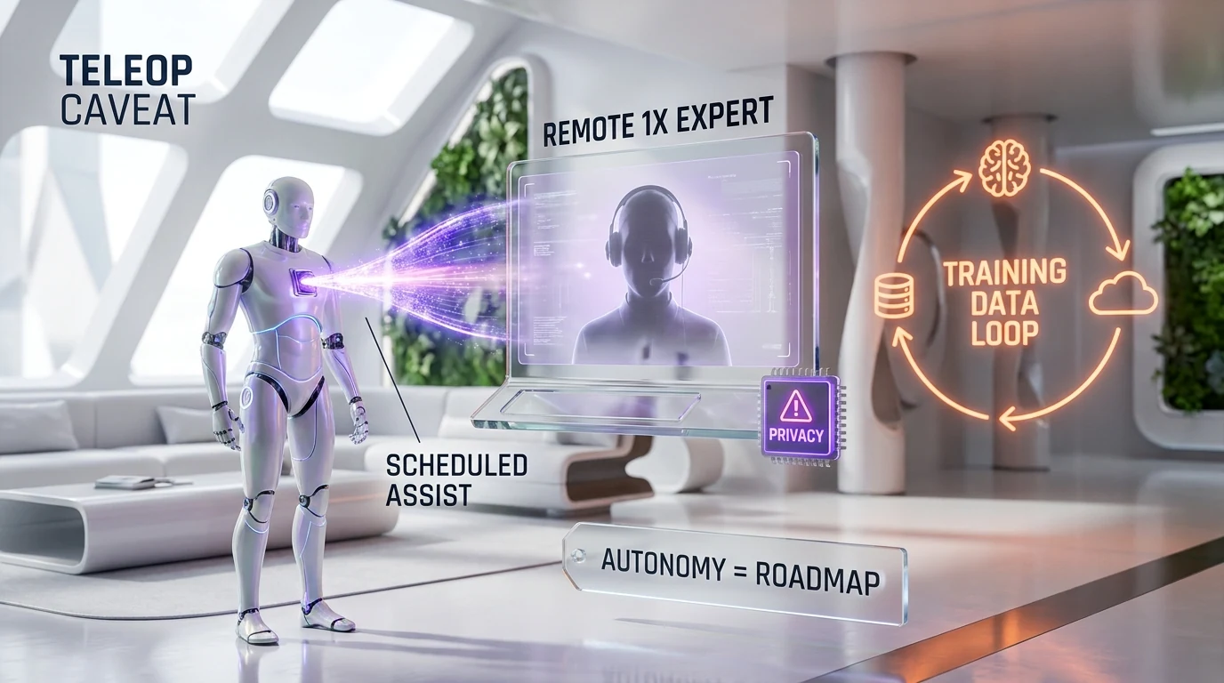 1X NEO teleoperation caveat — scheduled remote human assistance versus autonomous tasks, training data loop