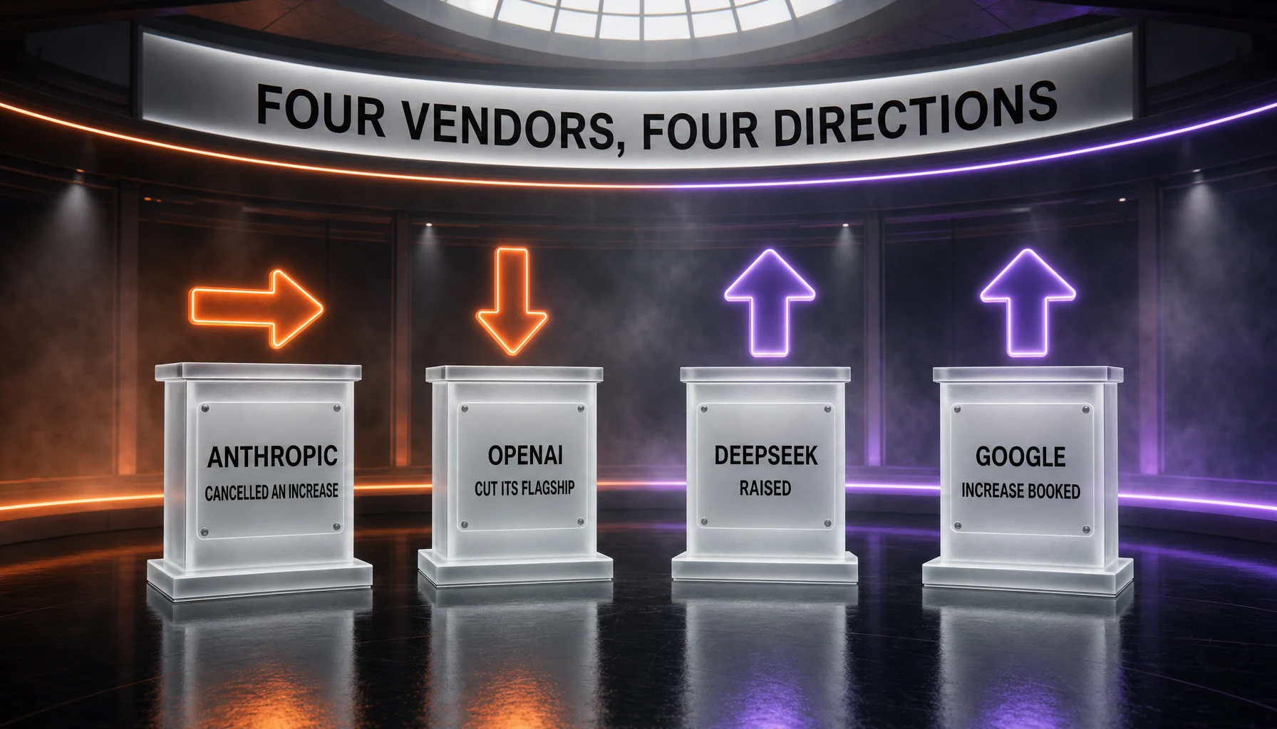 Four identical arena pedestals with arrows: Anthropic cancelled an increase, OpenAI cut, DeepSeek raised, Google booked an increase
