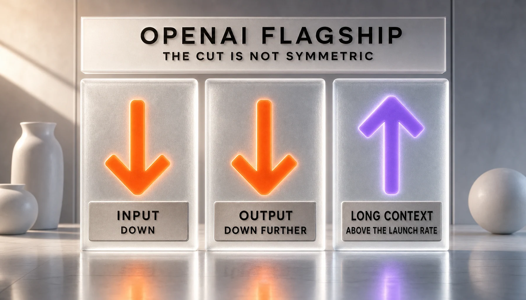 Three identical panels: OpenAI's flagship input down, output down further, and long context pointing the other way