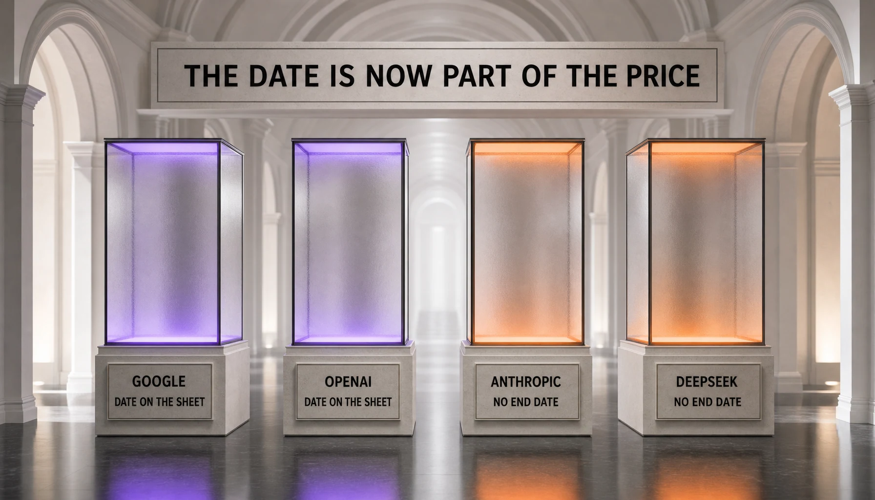 Four museum vitrines of equal size: two price sheets carrying a date, two carrying no end date