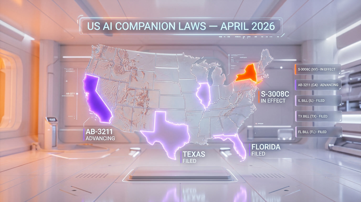 US map of AI companion regulations 2026 — New York in effect, California advancing, Illinois Texas Florida filed