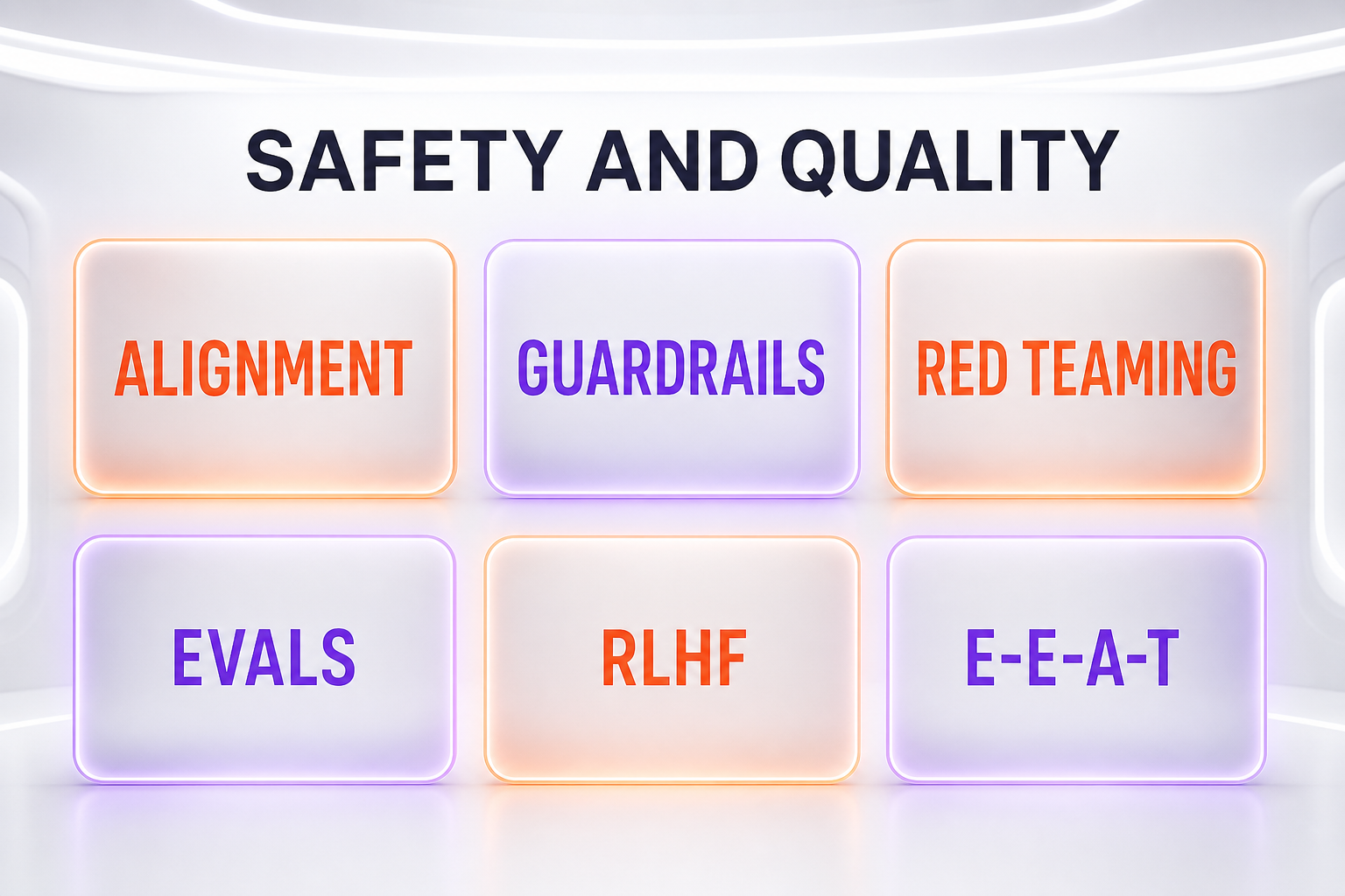 Safety and quality: alignment, guardrails, red teaming, evals, RLHF, E-E-A-T — Illustration