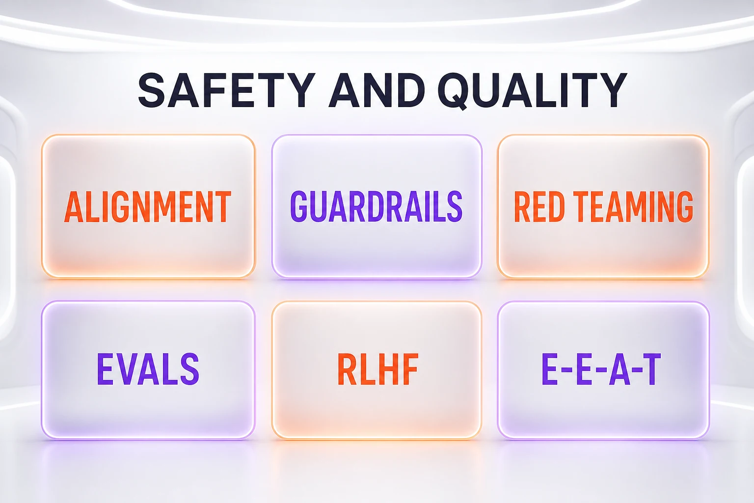 Safety and quality: alignment, guardrails, red teaming, evals, RLHF, E-E-A-T — Illustration