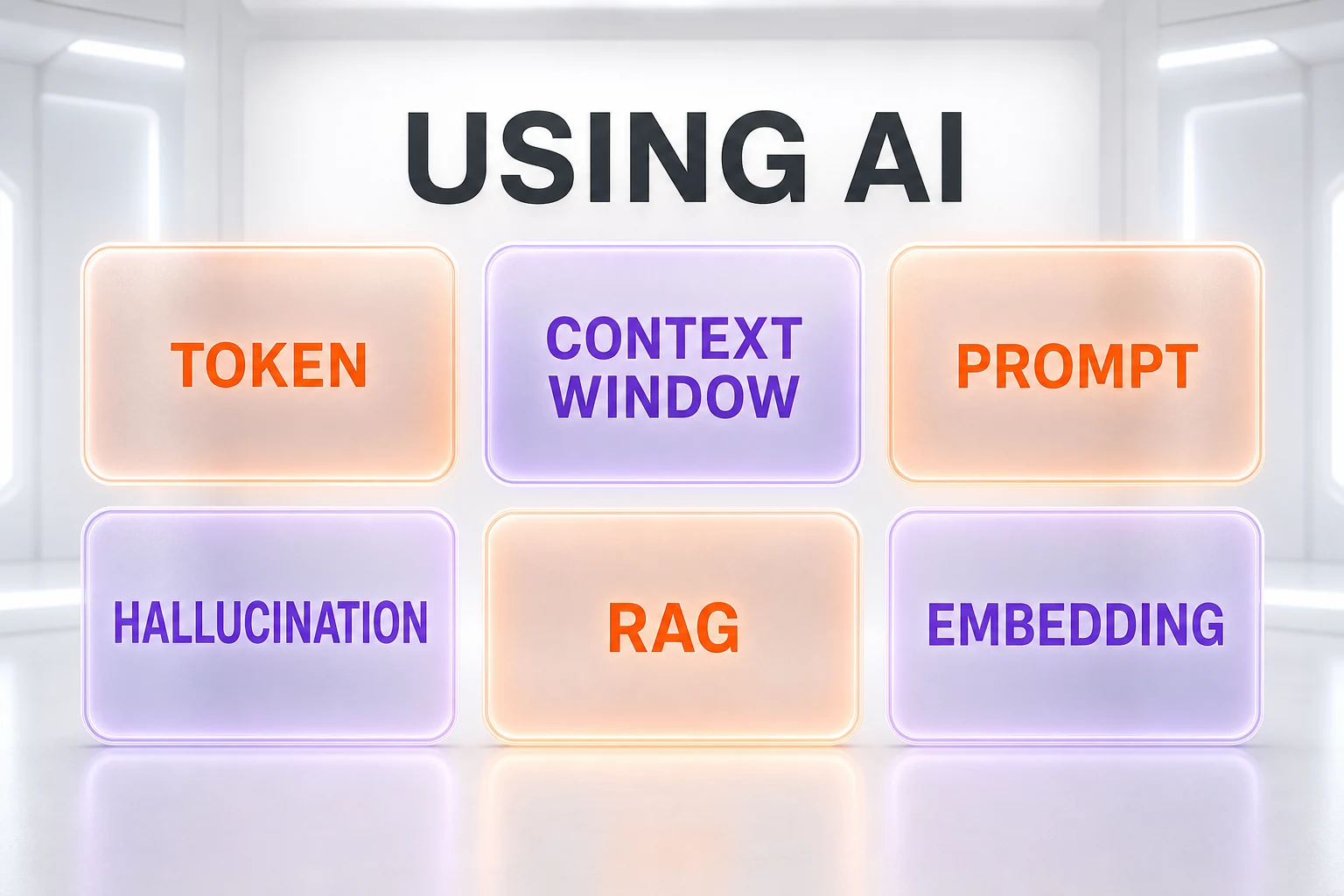 Using AI: token, context window, prompt, hallucination, RAG, embedding — Illustration