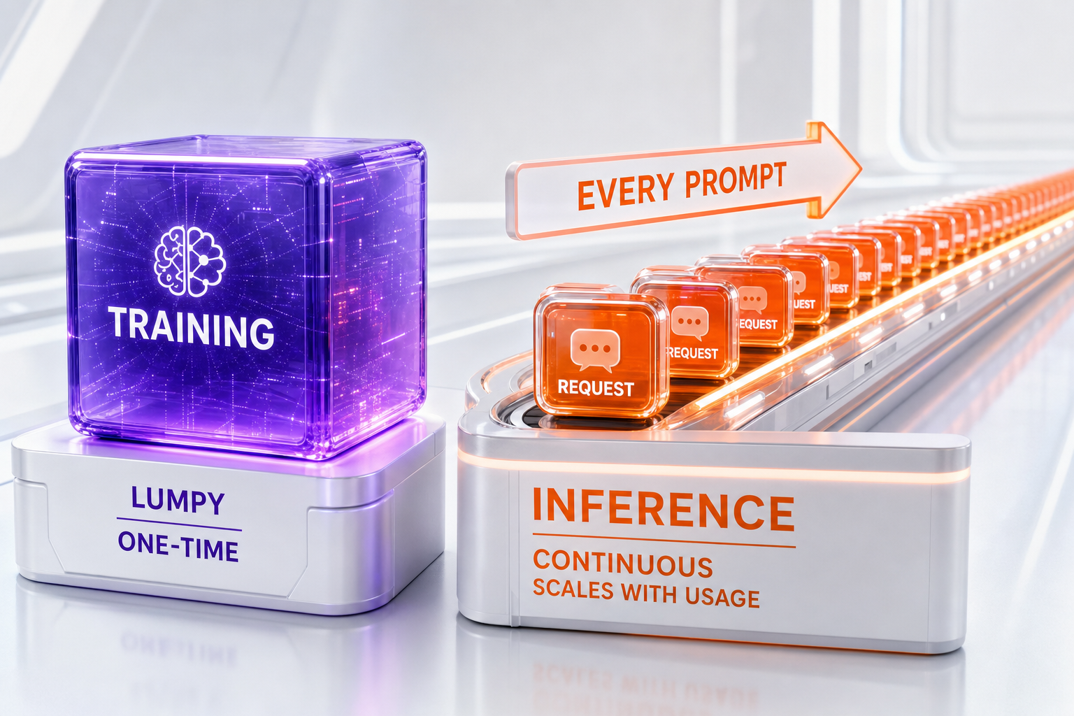 Diagram contrasting the one-time training market with the always-on AI inference market