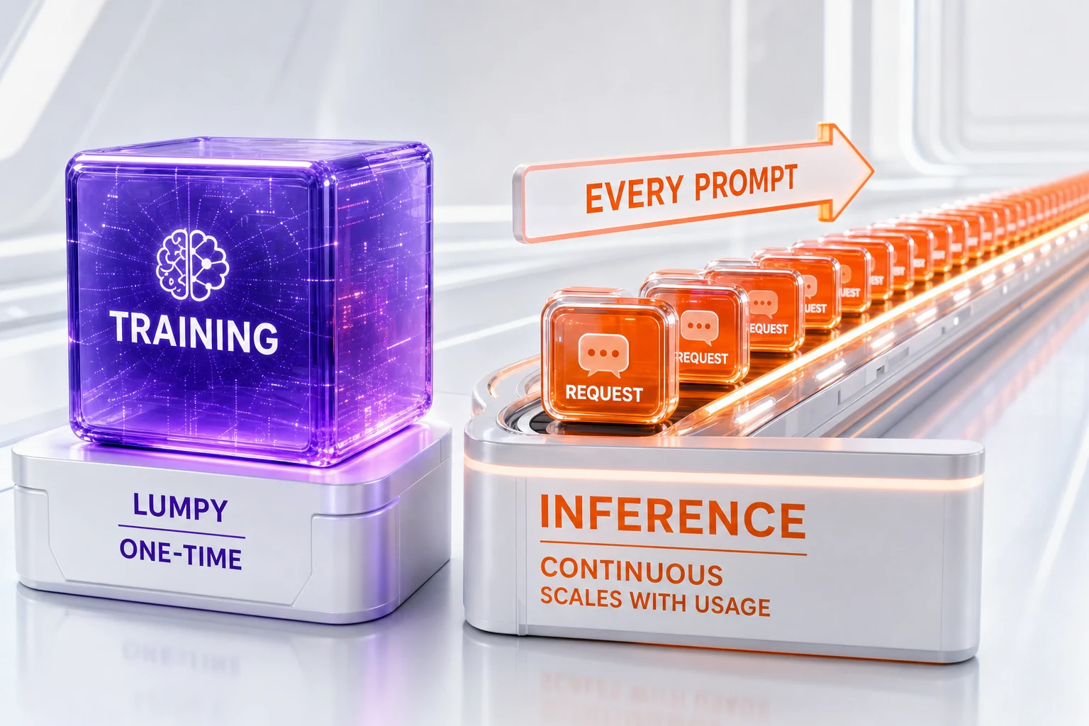 Diagram contrasting the one-time training market with the always-on AI inference market