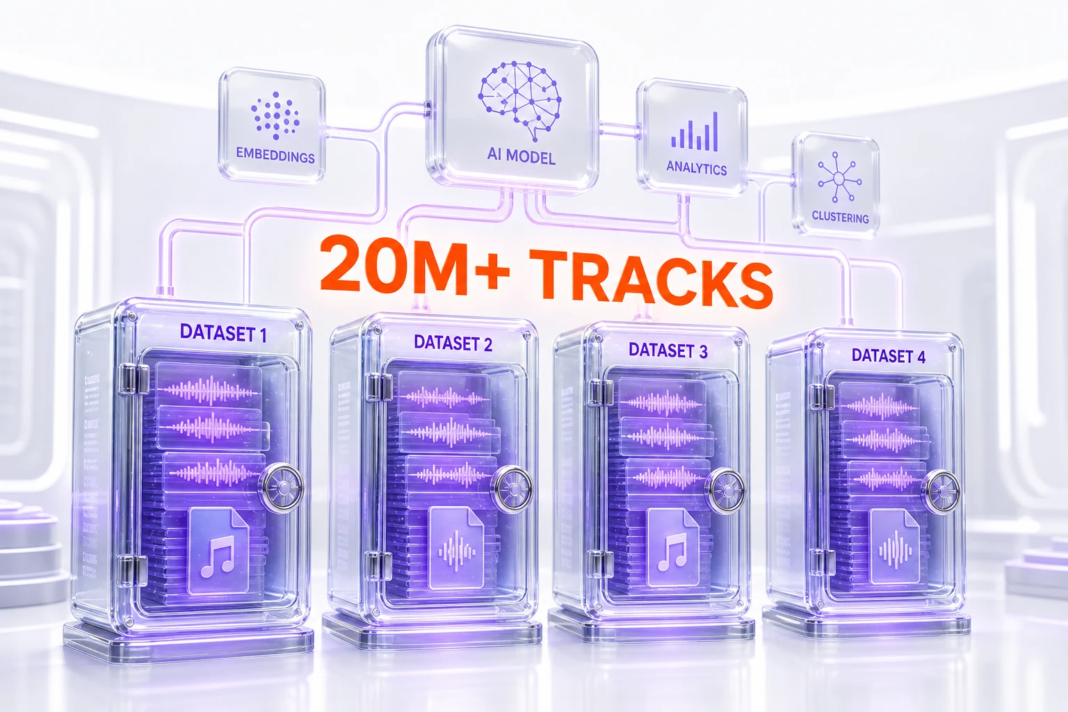 Editorial illustration of four glowing data vaults labeled DATASET 1 through 4 holding sound-wave files, connected to floating AI music nodes, orange and violet glassmorphism on a bright white scene