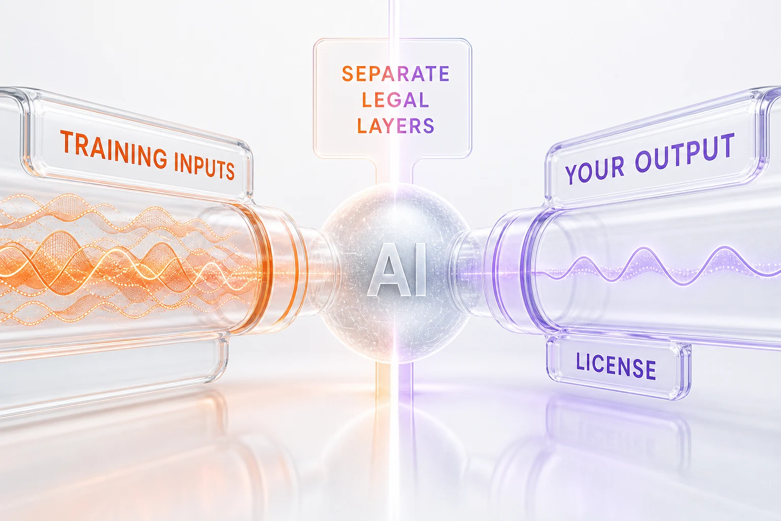 Diagram of two glass pipelines, left labeled TRAINING INPUTS feeding a central AI core, right labeled YOUR OUTPUT and LICENSE, with a divider labeled SEPARATE LEGAL LAYERS, orange violet on white