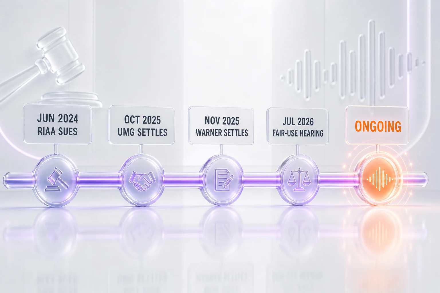 Horizontal glowing timeline rail with labeled stops JUN 2024 RIAA SUES, OCT 2025 UMG SETTLES, NOV 2025 WARNER SETTLES, JUL 2026 FAIR USE HEARING, and a tag ONGOING, orange violet on white
