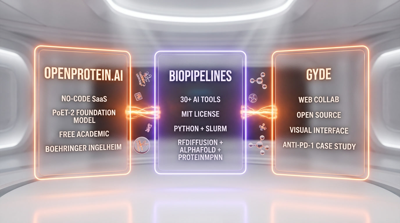 Comparison of OpenProtein.AI, BioPipelines, and GYDE — 2026 AI protein design stack