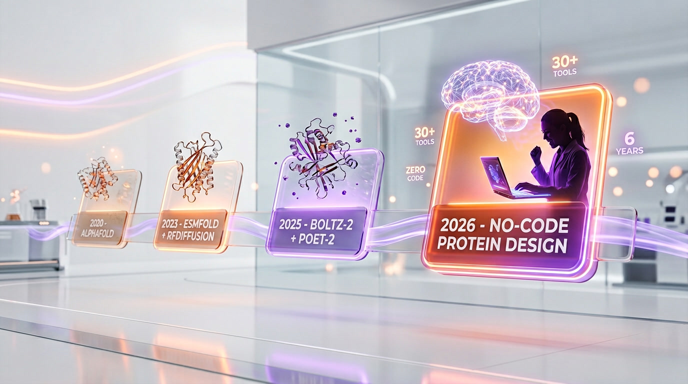 Timeline from AlphaFold 2020 to ESMFold 2023 to no-code protein design 2026