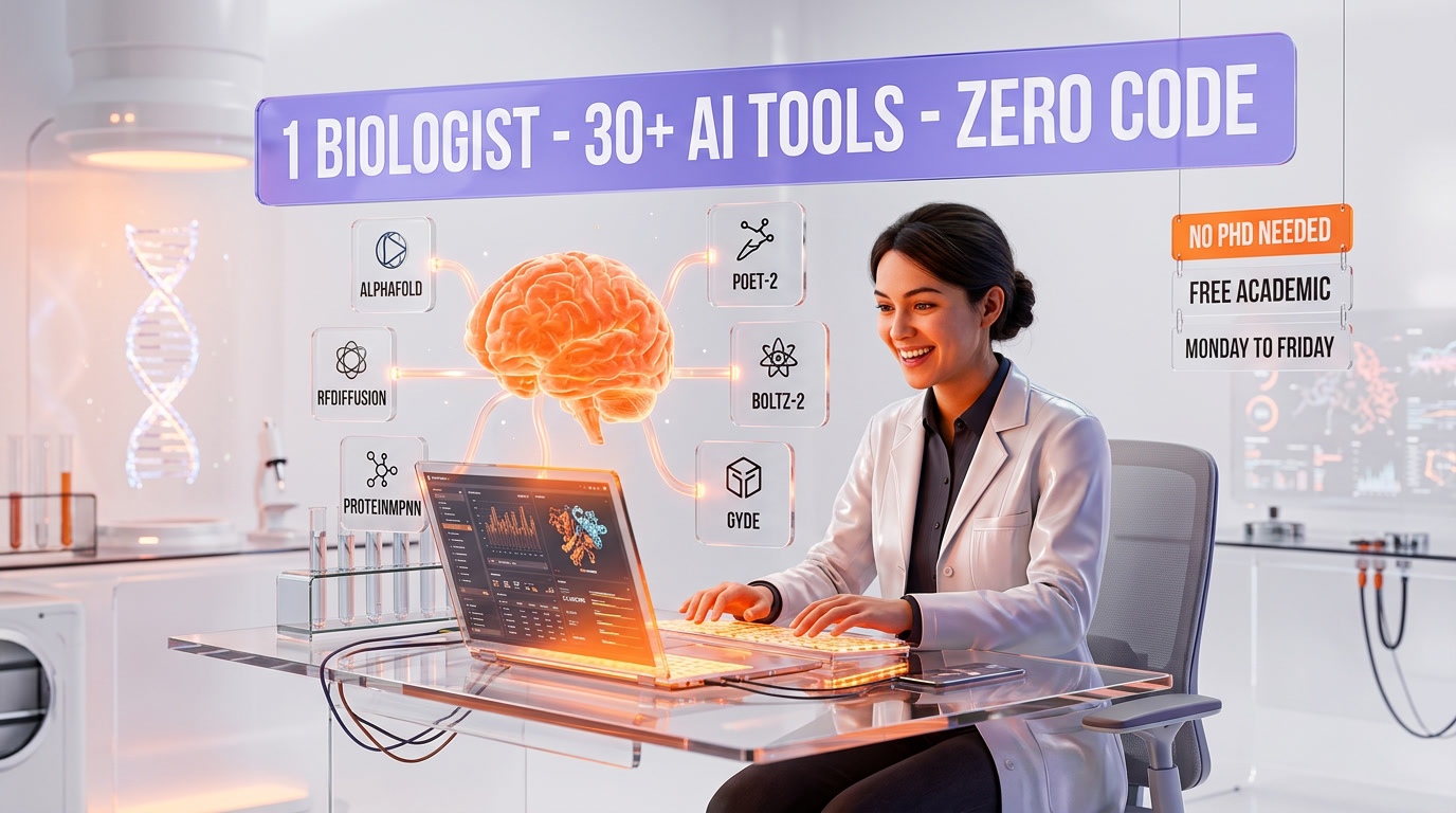 One biologist using 30+ AI tools with zero code — protein design democratization