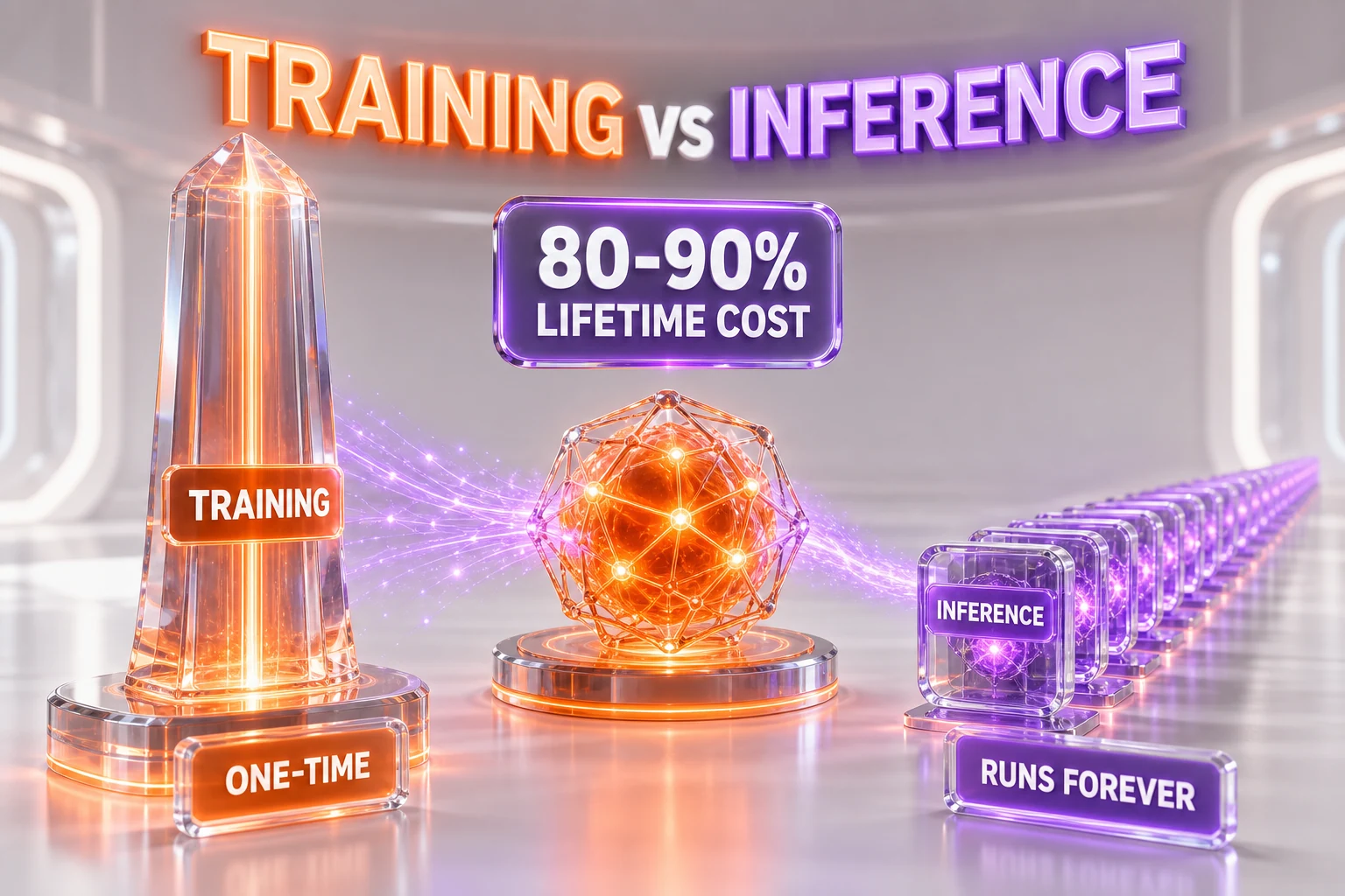 AI training versus inference — training is a one-time cost, inference is the recurring cost that dominates over a model's life