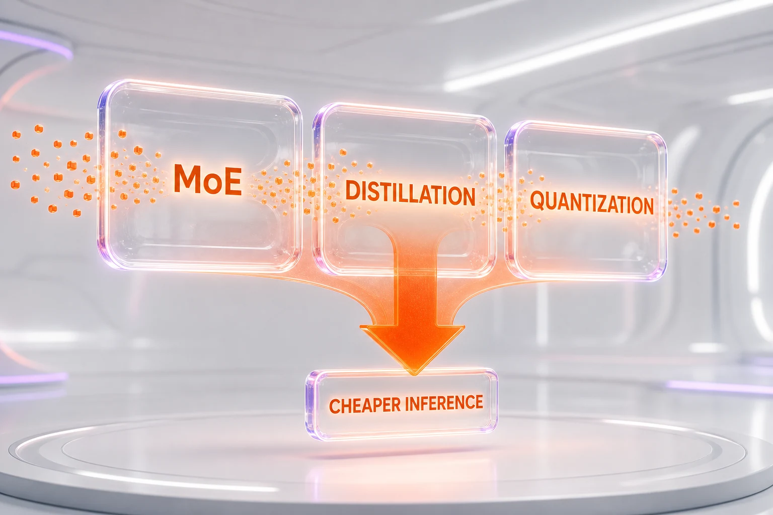 Three techniques that cut inference cost — mixture of experts, distillation into smaller models, and quantization to lower precision