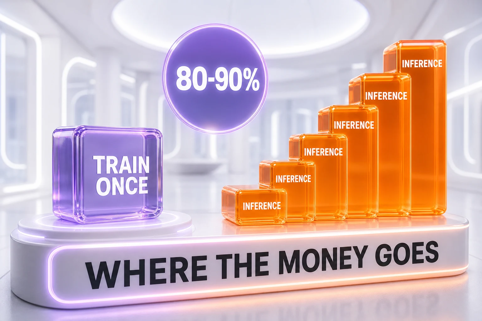 Training is a one-time cost spike while inference is a recurring cost that accumulates to 80 to 90 percent of a model's lifetime spend