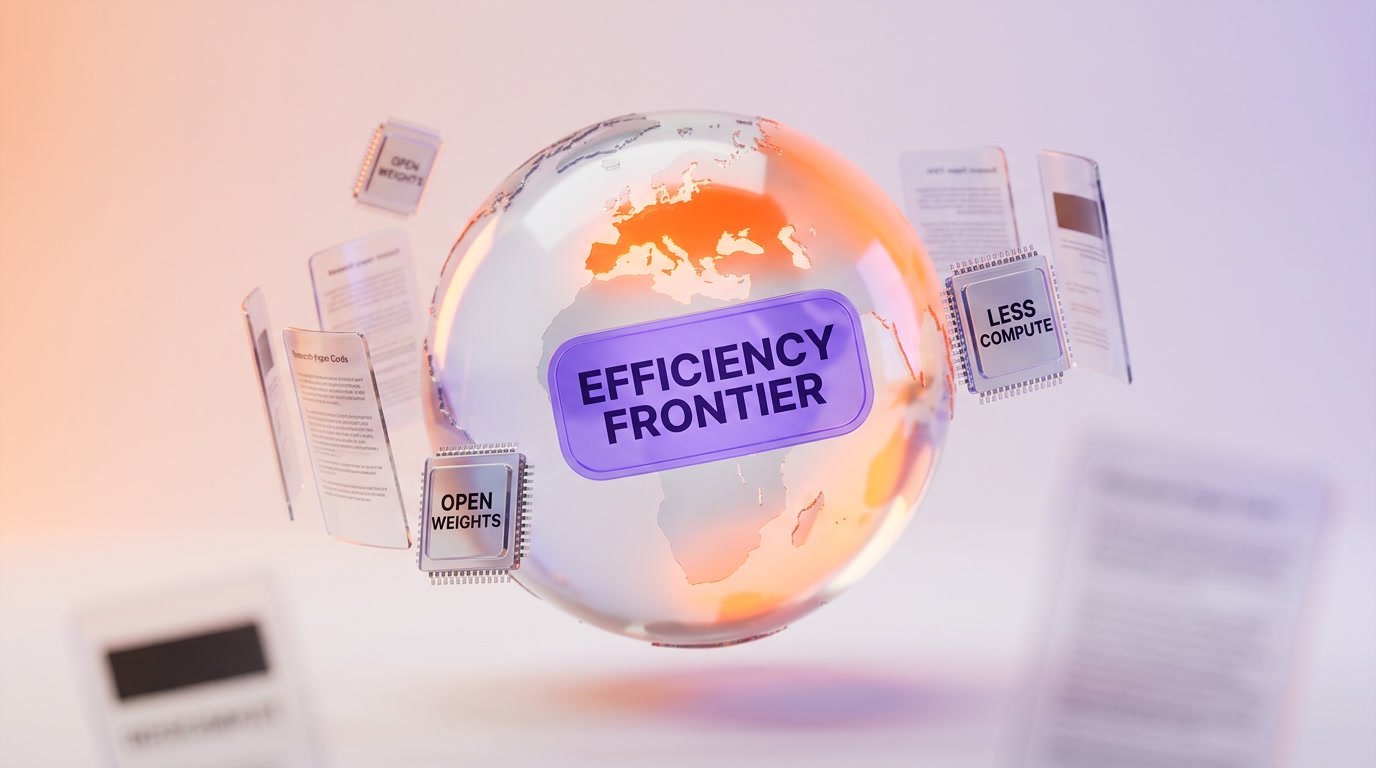 A glass globe with one region glowing brighter, surrounded by research-paper cards and GPU chips, labeled as the efficiency frontier of large language model research