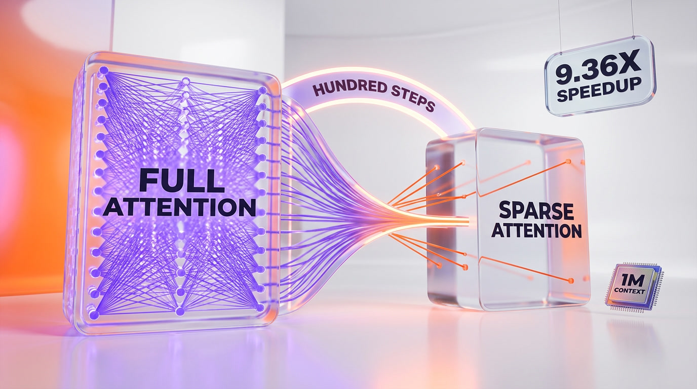 A research method transferring full attention into sparse attention on Qwen3 models in a few hundred training steps, reaching a 9.36x prefill speedup at one million tokens of context