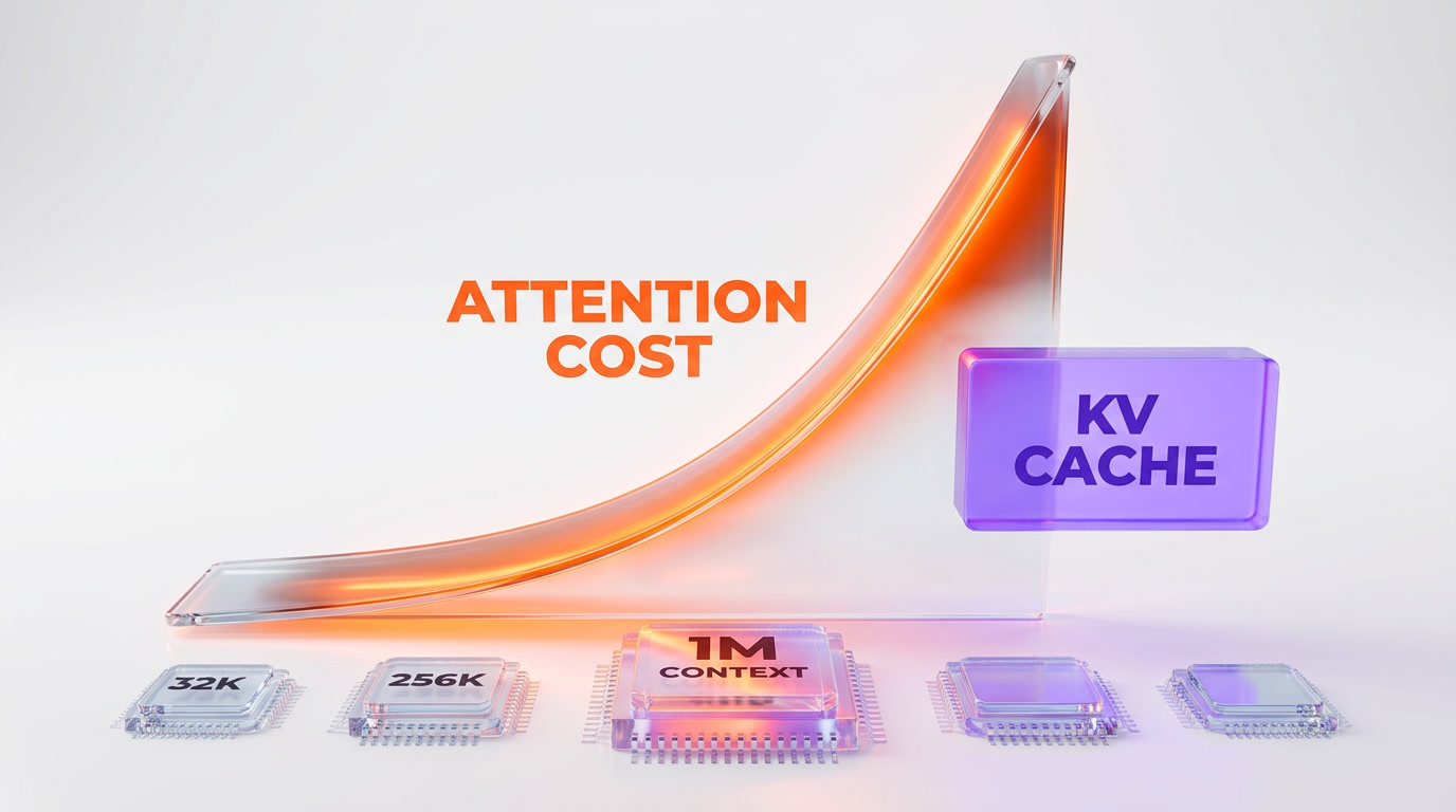 Visualization of the quadratic attention cost curve rising sharply toward one million tokens of context, alongside the linearly growing KV cache memory block