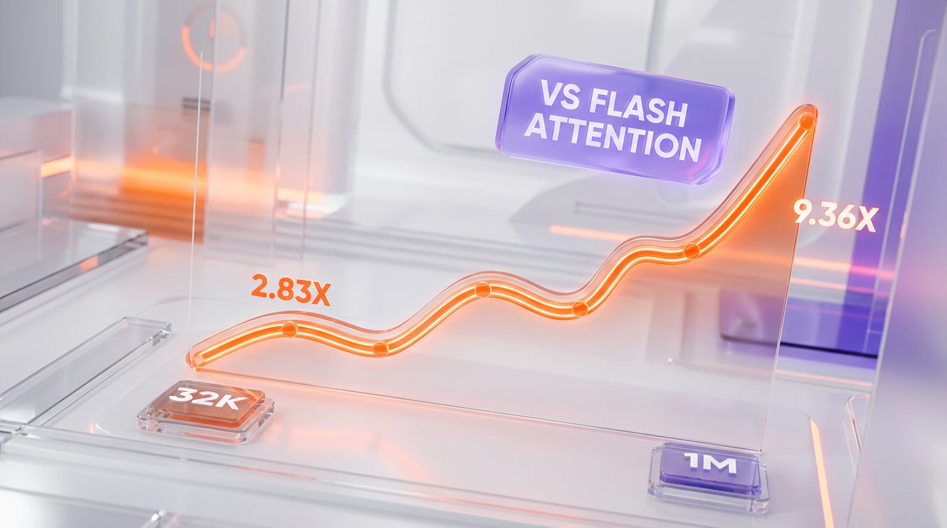 Line chart showing the reported prefill speedup rising from 2.83x at 32K tokens to 9.36x at one million tokens, measured against FlashAttention-2