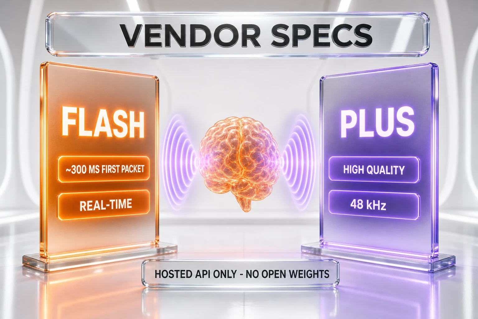 3D infographic of Qwen-Audio-3.0-TTS vendor specs: Flash tier at 300 ms first packet and real-time, Plus tier high quality at 48 kHz, hosted API only with no open weights - Illustration