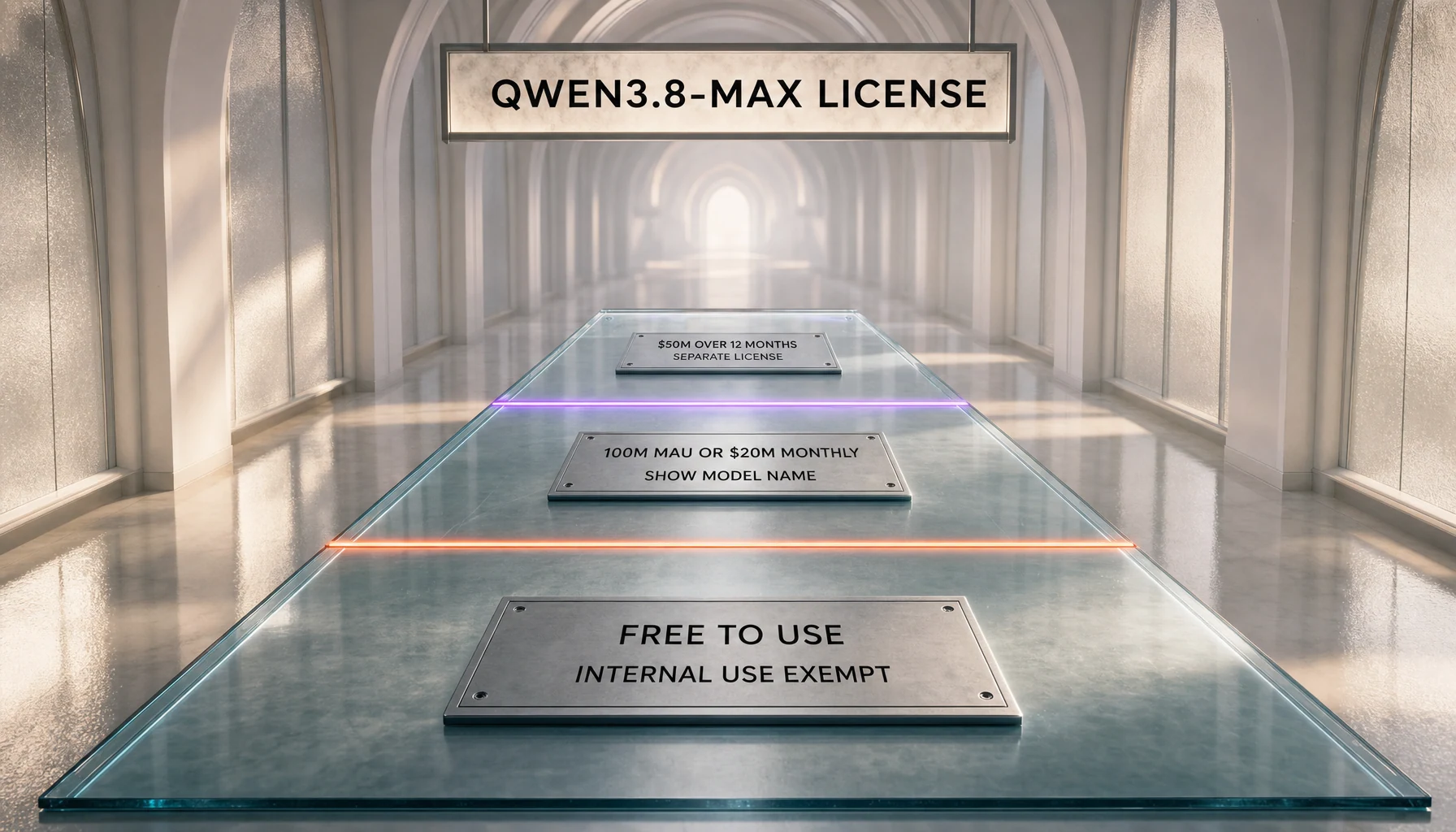 The two commercial locks in the Qwen3.8-Max License: display threshold and separate-license threshold