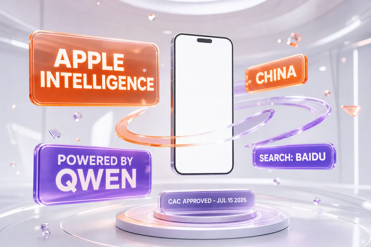 Apple Intelligence in China powered by Alibaba's Qwen for language and Baidu for search, approved by China's regulator on July 15 2026