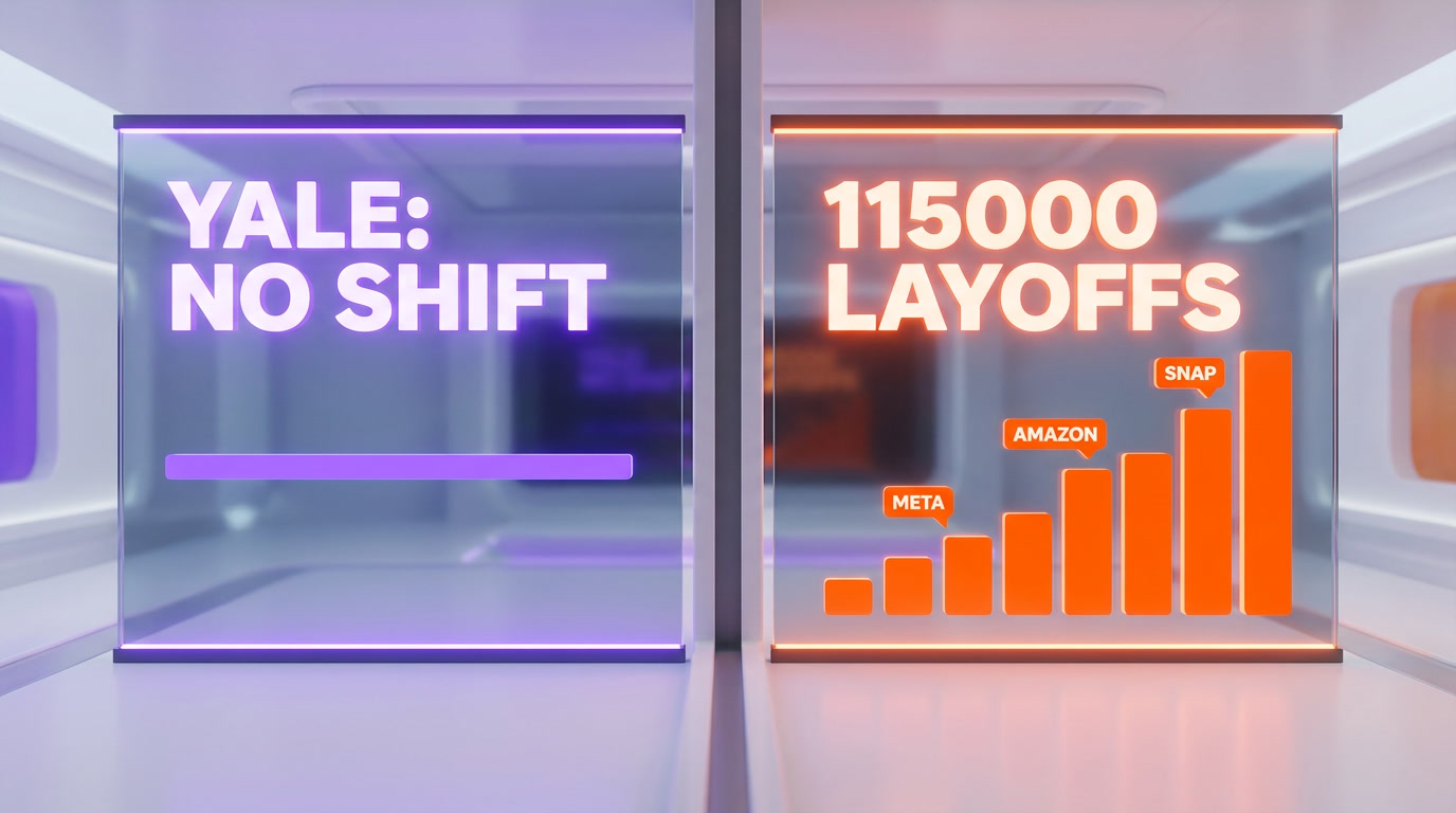 Split data view contrasting Yale Budget Lab finding no occupational shift against 115,000 US tech layoffs in 2026