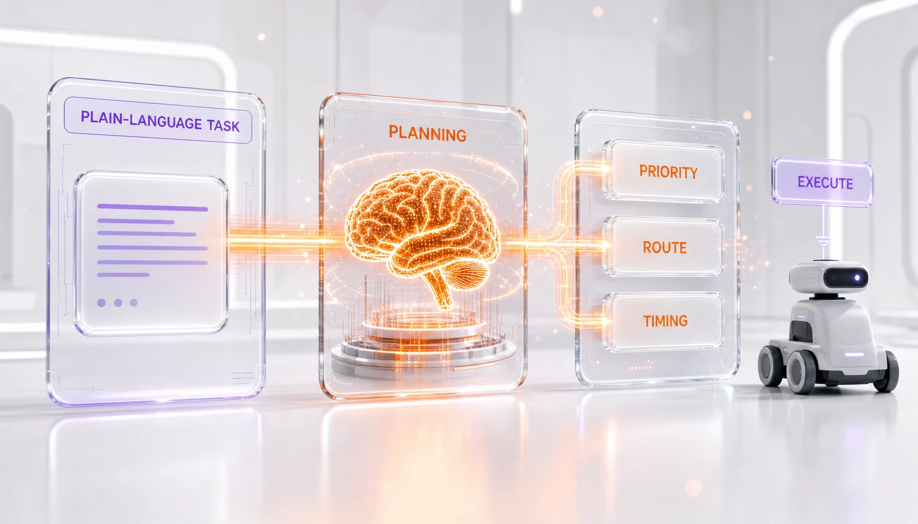 Glassmorphism pipeline diagram showing a plain-language task flowing into a planning brain that outputs priority, route and timing decisions for an autonomous warehouse robot