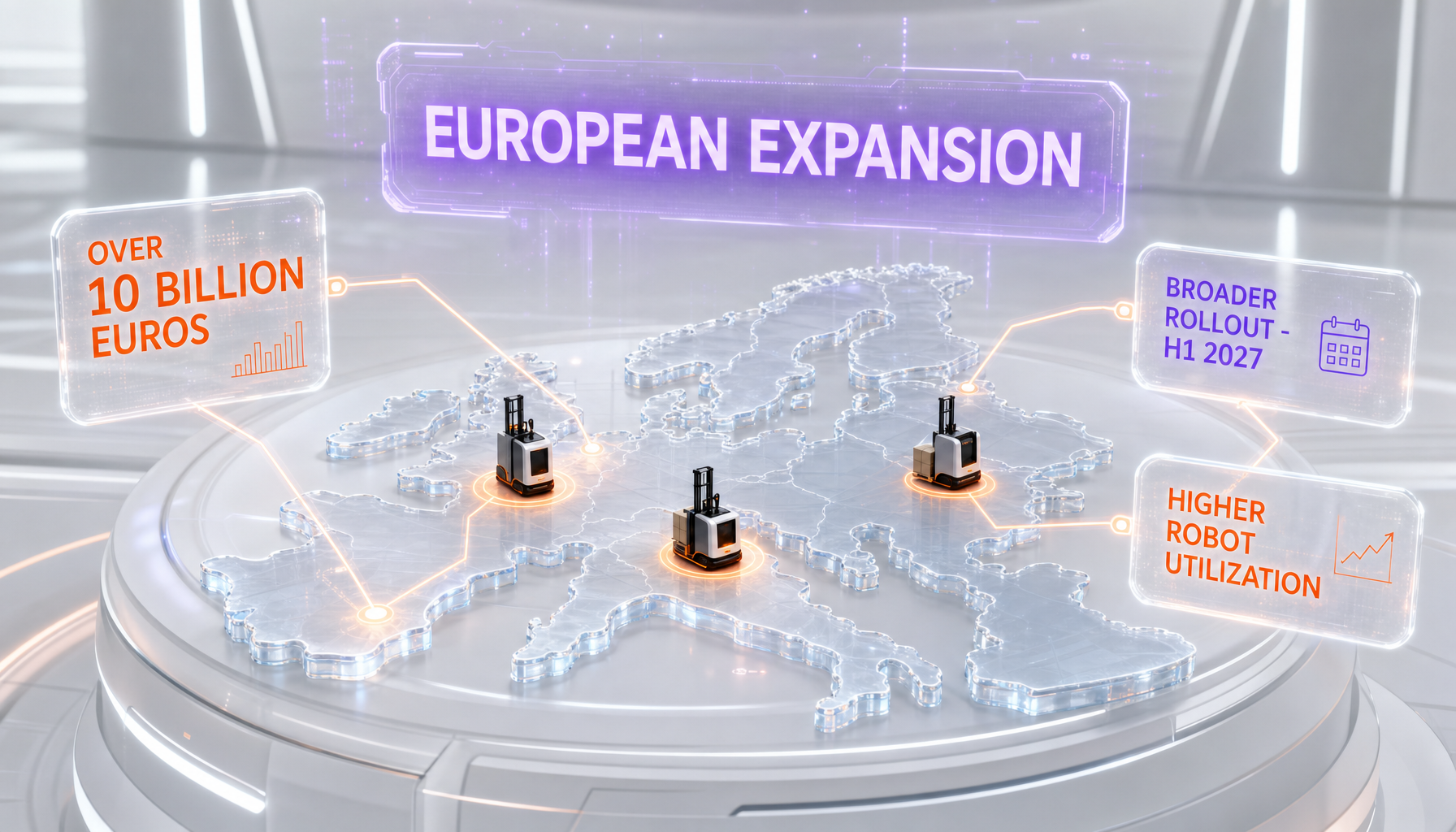Glassmorphism infographic of a stylized European map with an automated warehouse and floating labels reading OVER 10 BILLION EUROS, H1 2027 and ROBOT UTILIZATION, in orange and violet