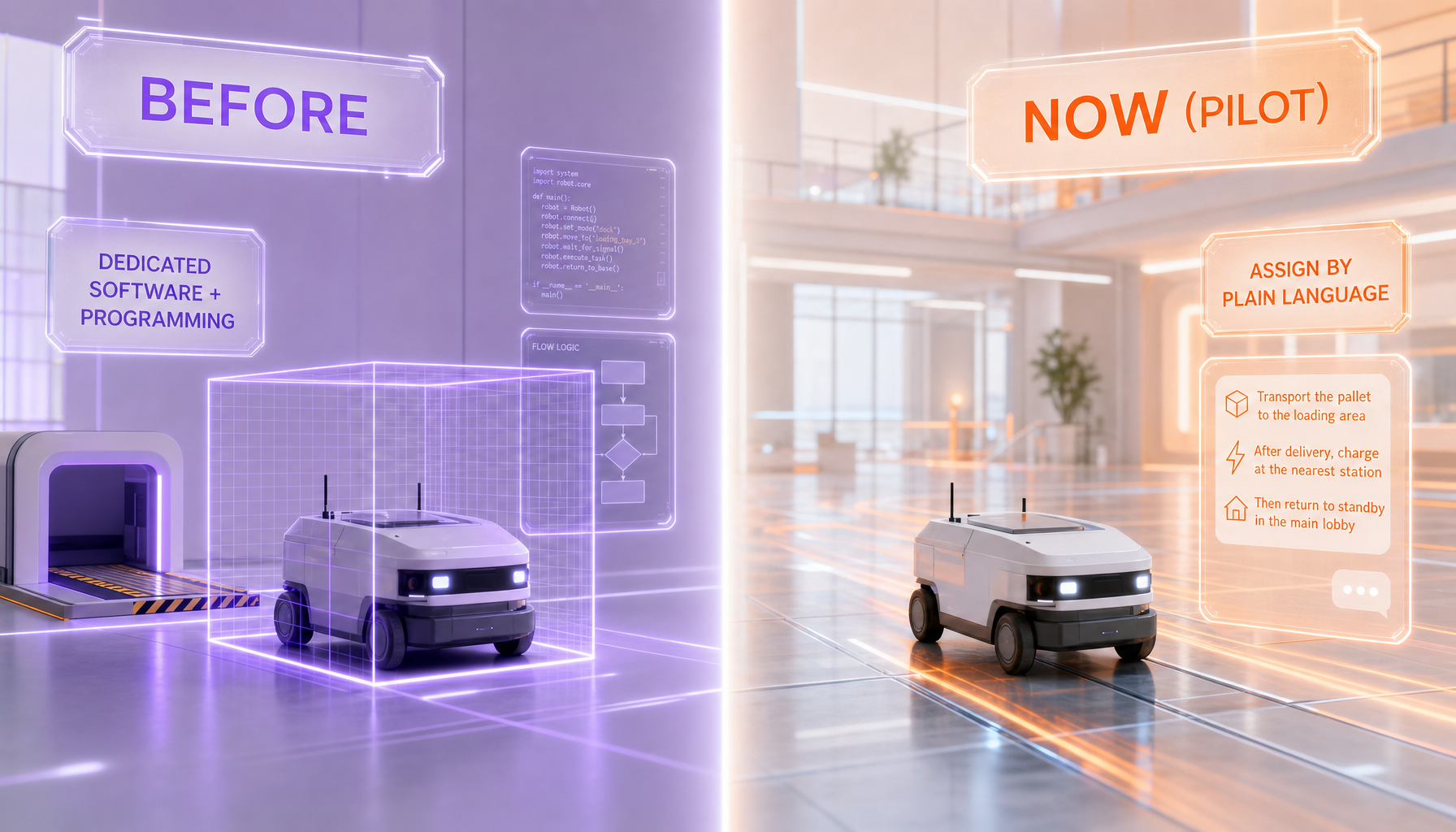 Glassmorphism before-and-after infographic contrasting a robot confined to dock zones with dedicated programming versus an assignable robot working the open floor via plain-language tasks