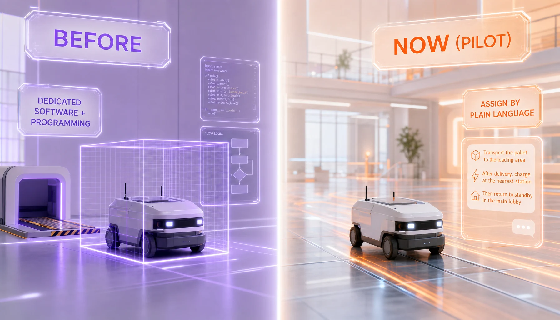 Glassmorphism before-and-after infographic contrasting a robot confined to dock zones with dedicated programming versus an assignable robot working the open floor via plain-language tasks