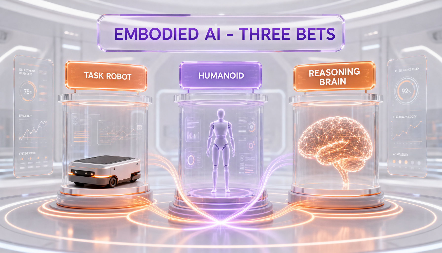 Glassmorphism comparison scene of different embodied-AI bets — a warehouse mover, a research humanoid and a reasoning brain — connected by orange and violet light, with floating labels reading TASK ROBOT, HUMANOID and REASONING BRAIN