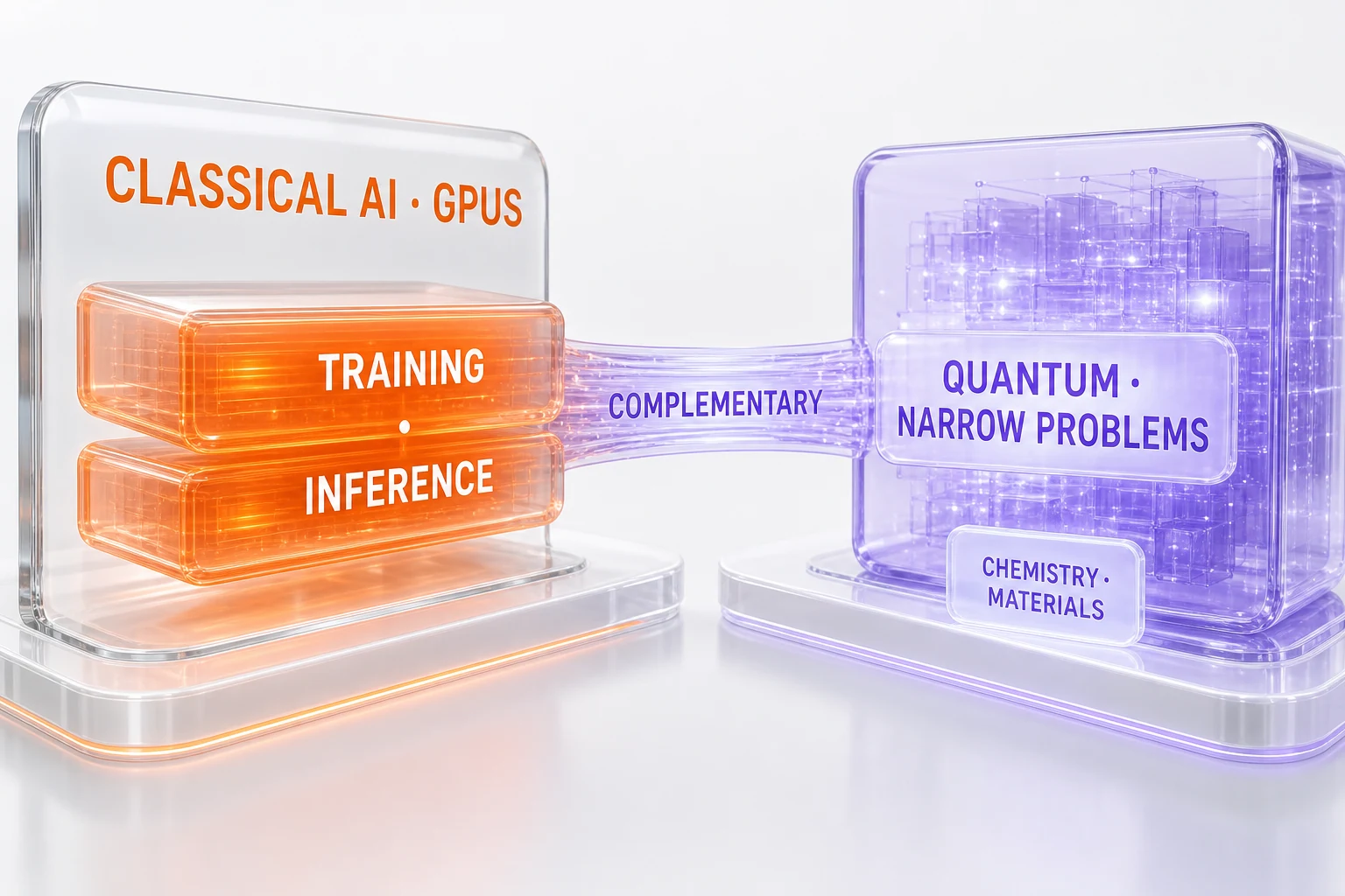 Classical AI accelerators handle training and inference while quantum handles a narrow set of simulation problems — complementary not competitive