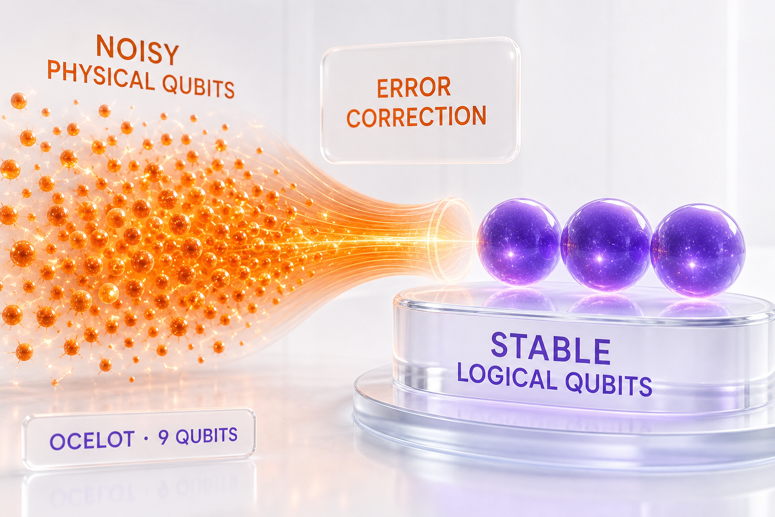 Quantum error correction — turning many noisy physical qubits into fewer stable logical qubits, the central bottleneck