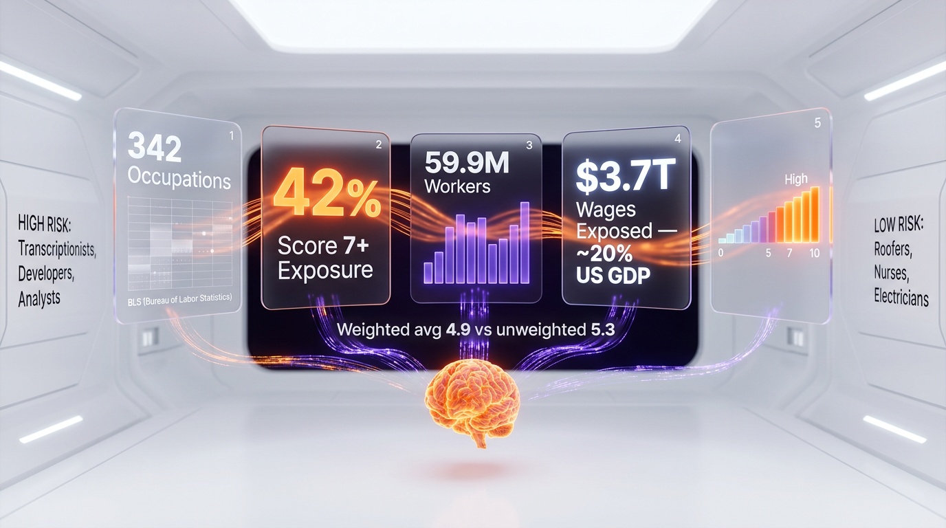 Andrej Karpathy Maps AI Impact on 342 Jobs: 42% of Workers Score 7+ Exposure — Data Infographic