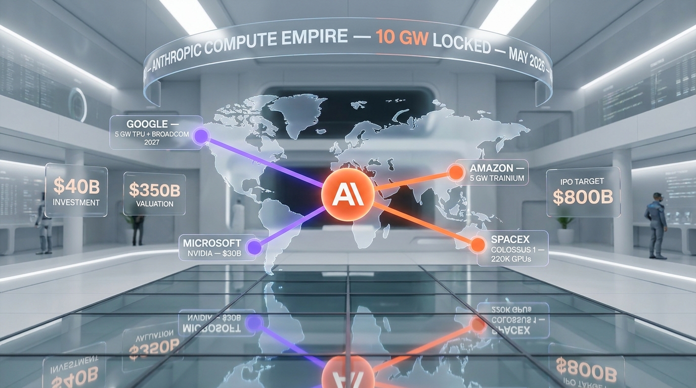 Anthropic compute empire — 10 gigawatts of AI infrastructure locked through Google, Amazon, Microsoft, and SpaceX partnerships