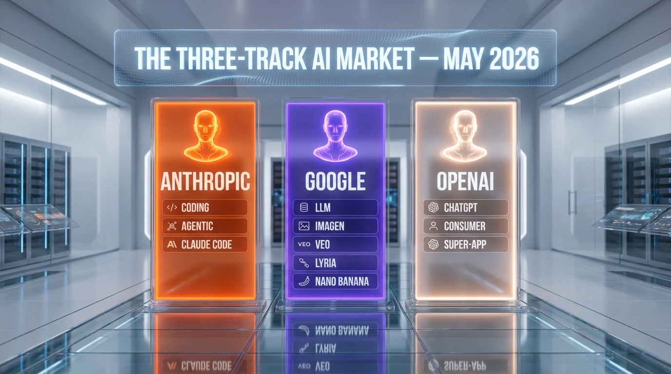 The three-track AI market thesis — Anthropic coding empire, Google multimedia ecosystem, OpenAI consumer super-app