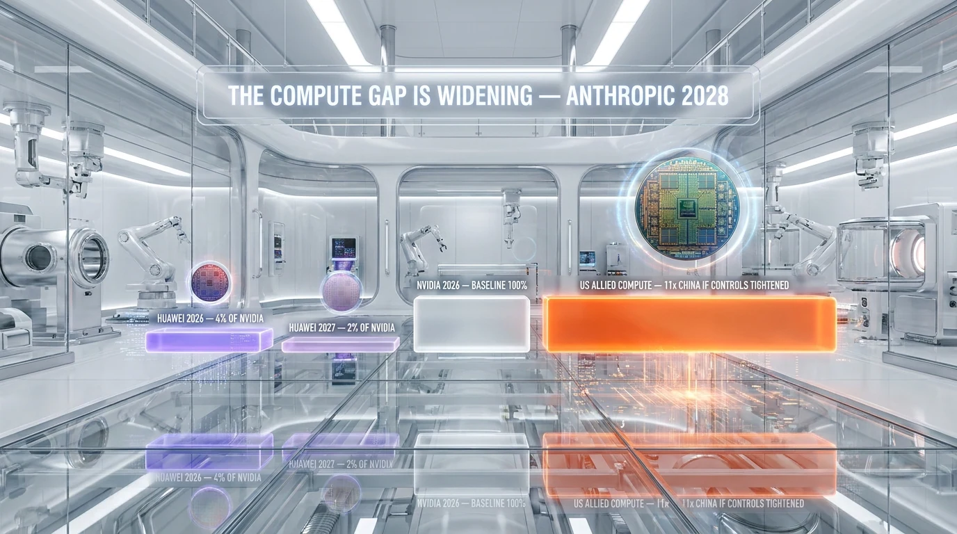 Compute gap visualization — Huawei at 4% of NVIDIA aggregate compute in 2026, 2% in 2027, versus an 11:1 US allied compute lead over China if export controls tighten, per Anthropic May 14 2026 paper