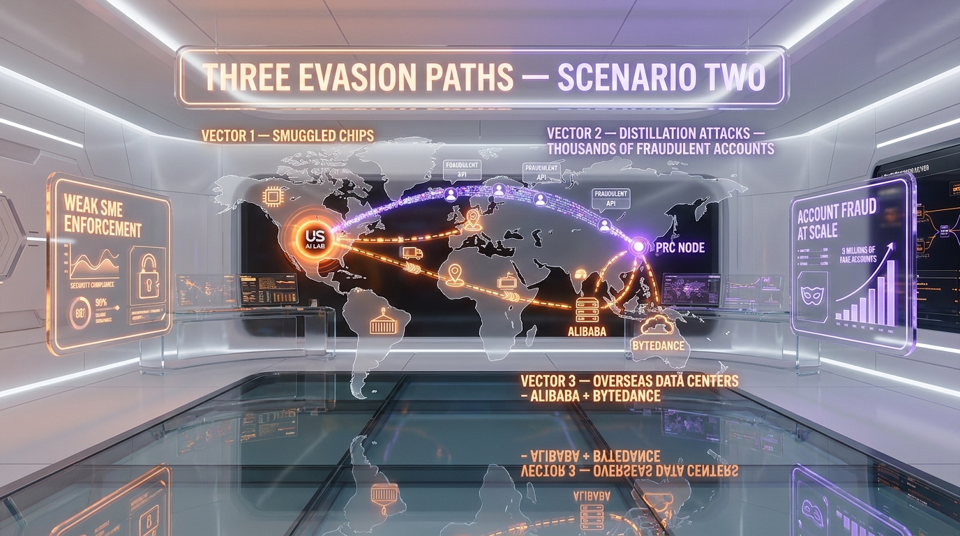 Three evasion vectors that Anthropic flags toward 2028 — smuggled NVIDIA chips, distillation attacks via thousands of fraudulent accounts, and overseas data centers used by Alibaba and ByteDance