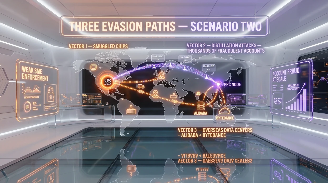 Three evasion vectors that Anthropic flags toward 2028 — smuggled NVIDIA chips, distillation attacks via thousands of fraudulent accounts, and overseas data centers used by Alibaba and ByteDance
