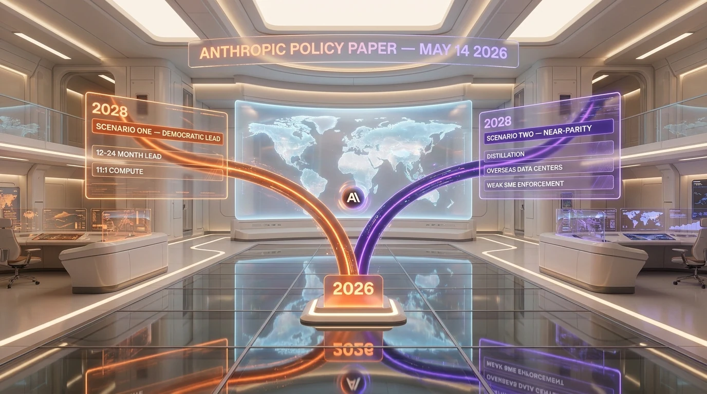 Anthropic's 2028 policy paper — two scenarios for global AI leadership, the democratic lead path versus the near-parity path, May 14 2026