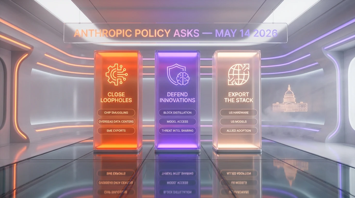 Anthropic's three policy asks in the May 14 2026 paper — close loopholes on smuggled chips and SME exports, defend innovations against distillation, export the US AI stack globally