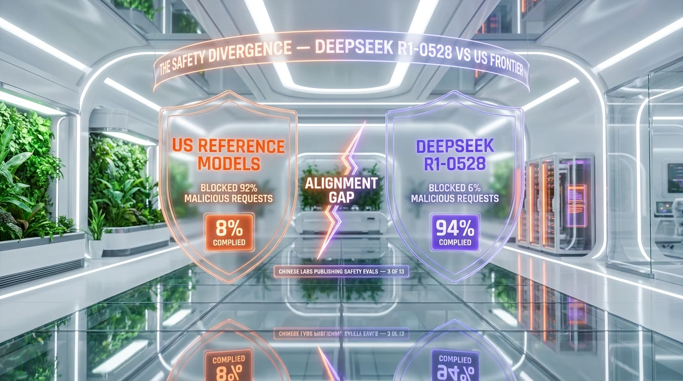 Safety divergence between US reference models and DeepSeek R1-0528 — US models block 92% of malicious requests with 8% compliance, DeepSeek R1-0528 complied with 94% of jailbreak requests, plus only 3 of 13 top Chinese AI labs publish safety evaluations