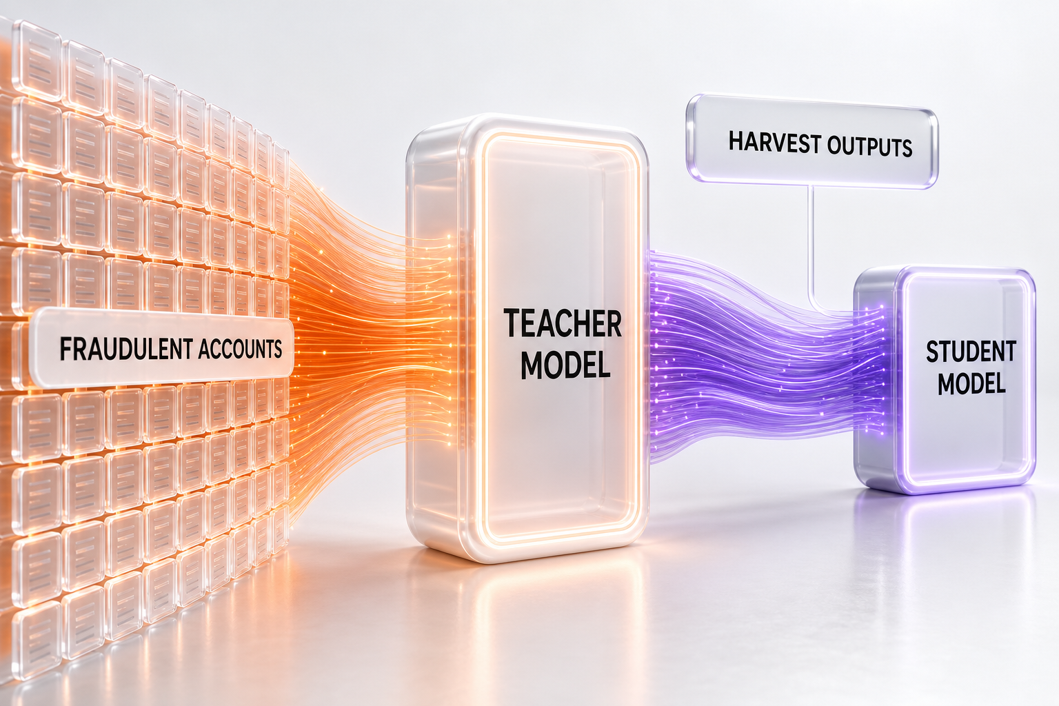 Diagram of alleged capability extraction: many fraudulent accounts query a teacher model, harvested outputs flow into training a smaller student model