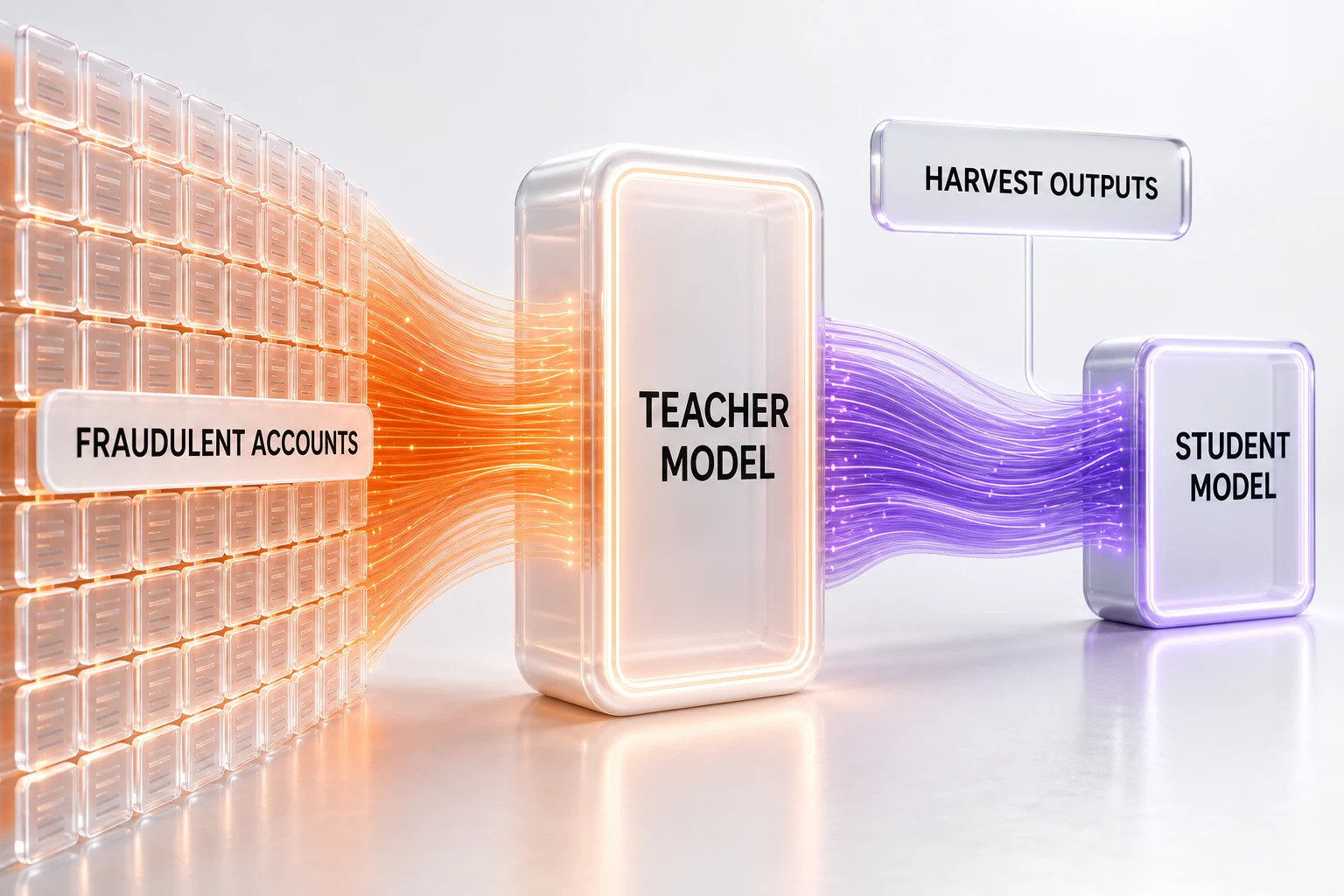 Diagram of alleged capability extraction: many fraudulent accounts query a teacher model, harvested outputs flow into training a smaller student model